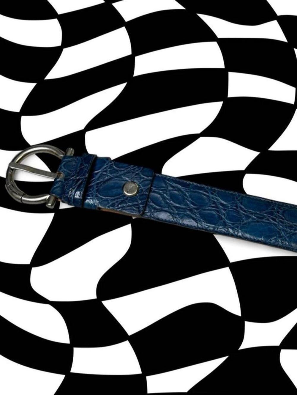 Vintage Salvatore Ferragamo blue crocodile leather belt with silver buckle